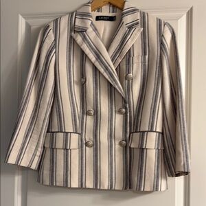 Ralph Lauren Double Breast Linen Striped Blazer - Cream and Navy Blue